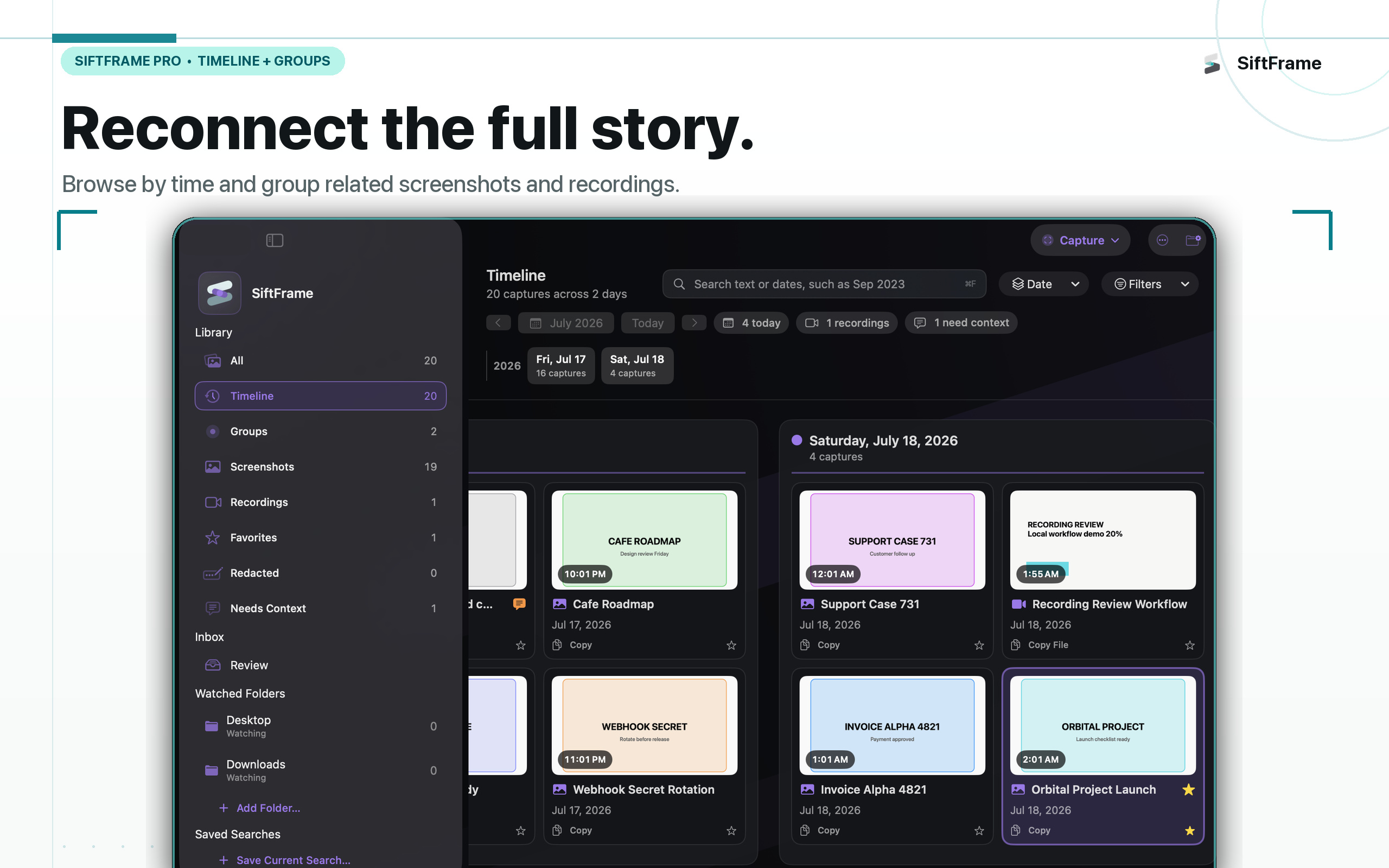 SiftFrame Timeline organizing related captures and recording frames by day